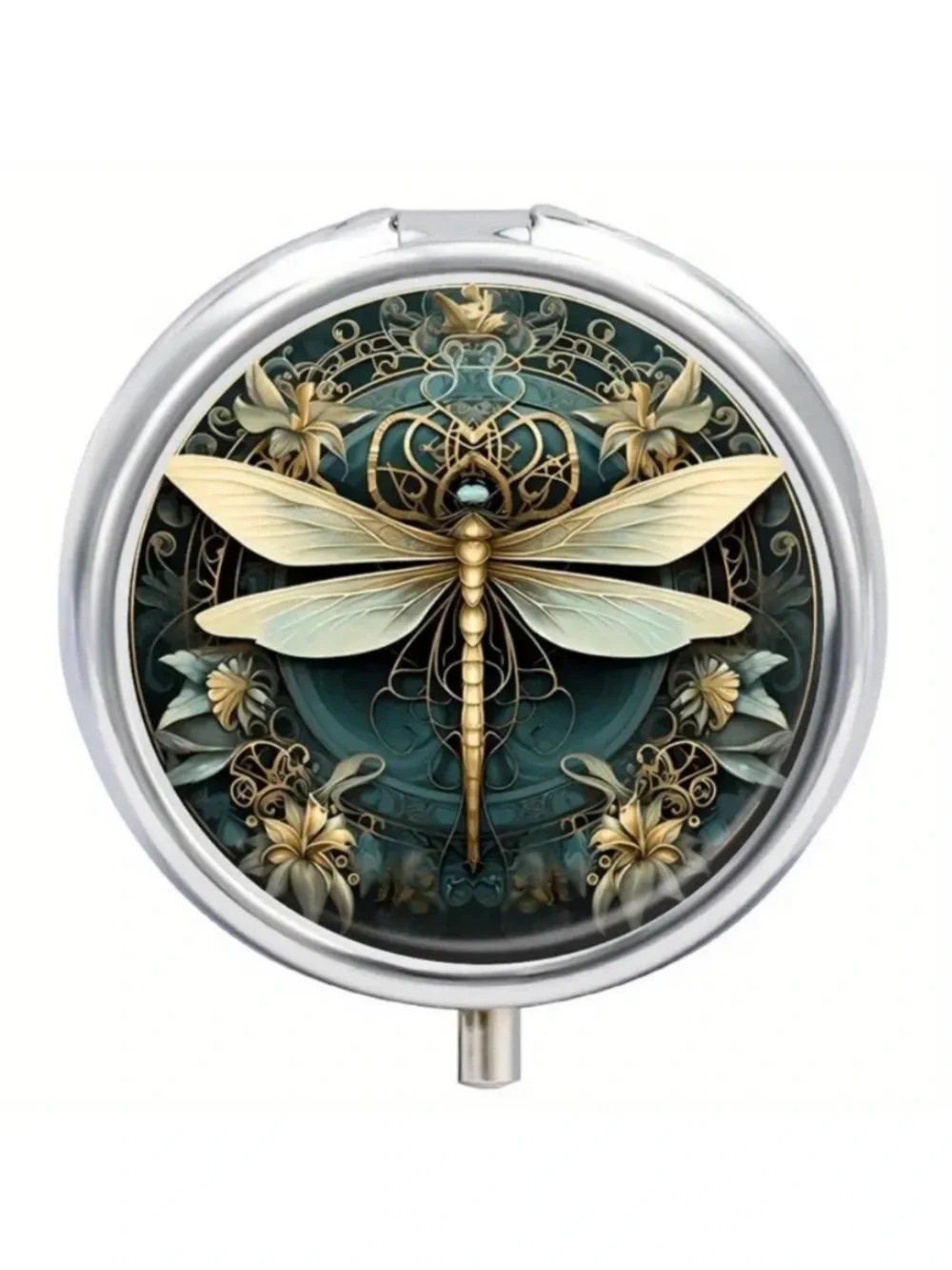 Teal Gold Dragonfly Pill Box Mirror 3 Compartment Travel Case